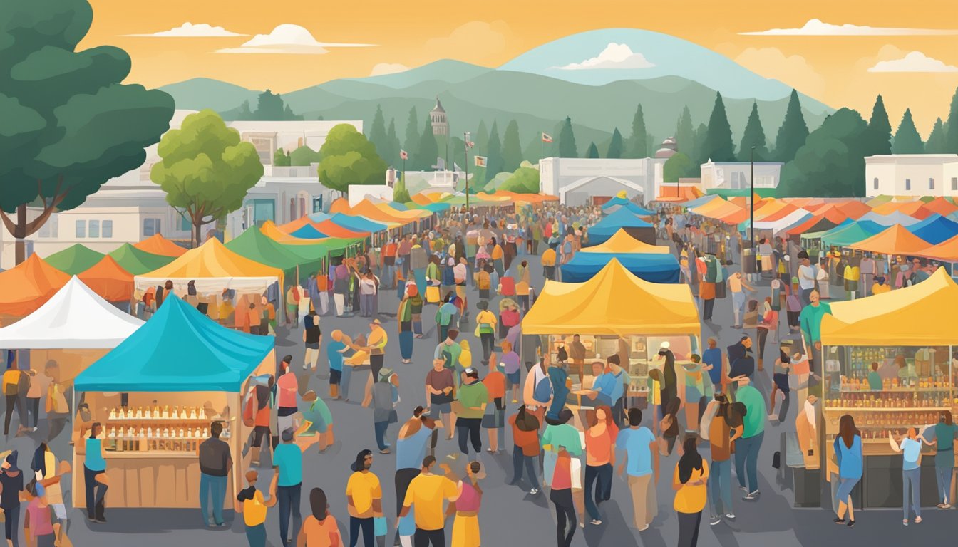 A bustling craft beer festival in Berkeley, CA, with rows of colorful stalls and people sampling various brews