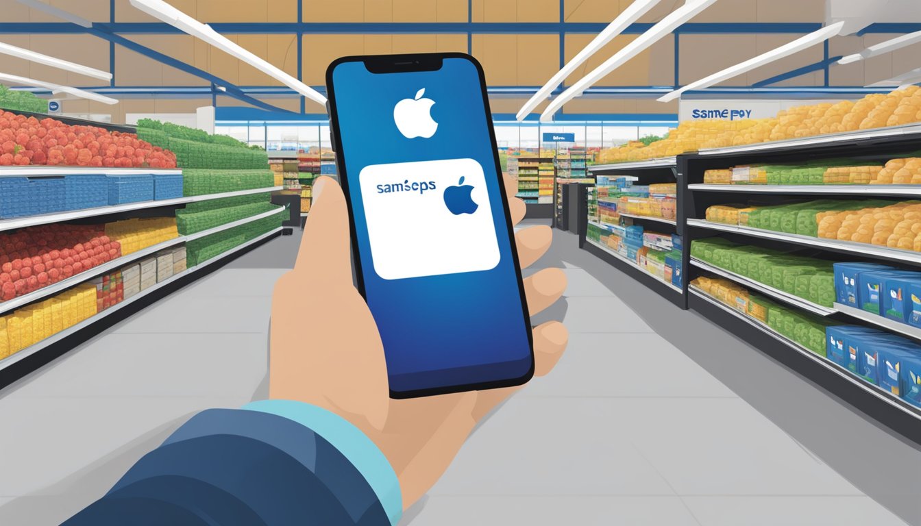 A customer holds an iPhone near the card reader at Sam's Club, with the Apple Pay logo displayed on the screen