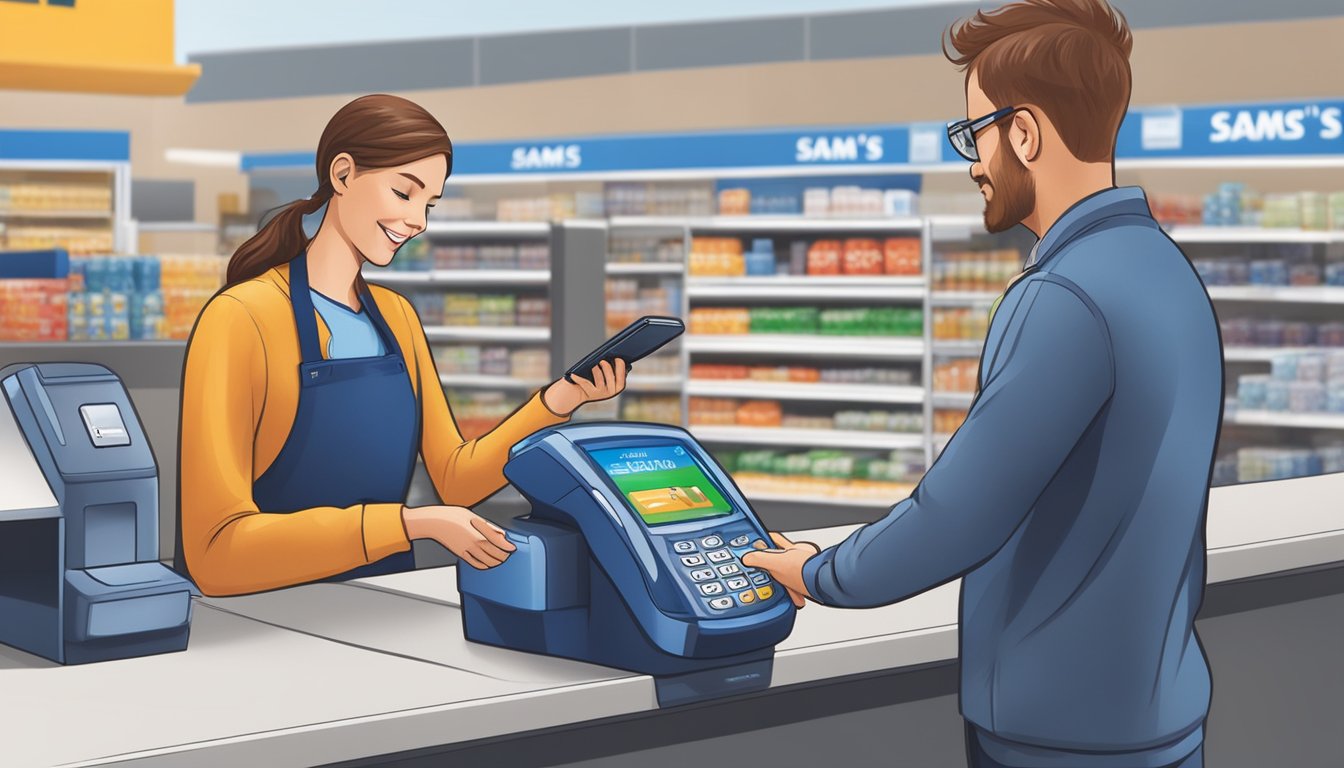 A customer tapping their phone on a payment terminal at a Sam's Club checkout counter