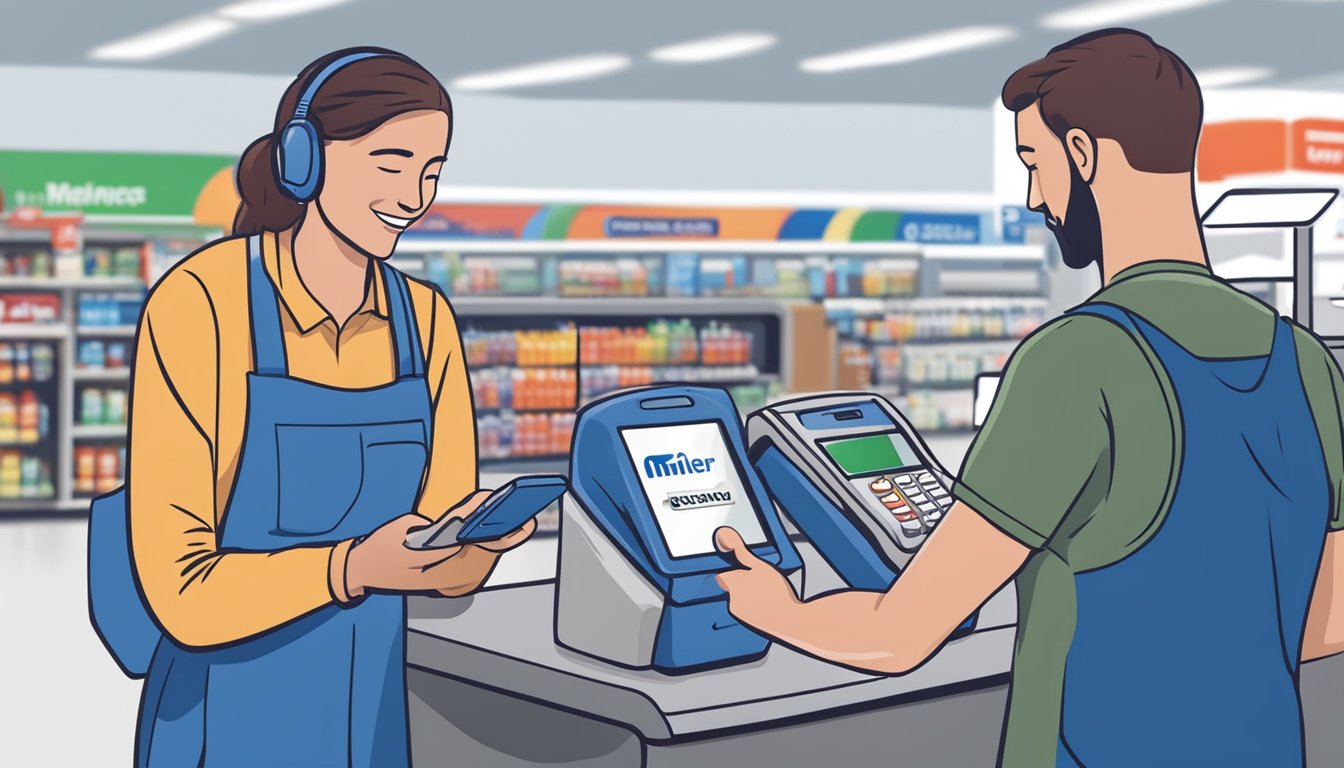 A customer holds a smartphone near a contactless payment terminal at a Meijer checkout counter