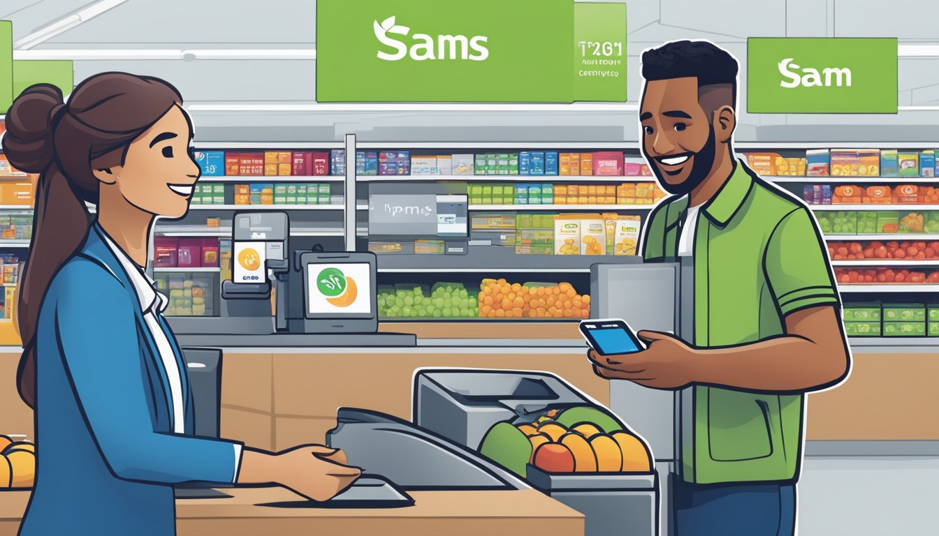 A customer holding an iPhone approaches the checkout counter at Sam's Club, tapping their device to pay with Apple Pay, while a cashier smiles and nods in approval