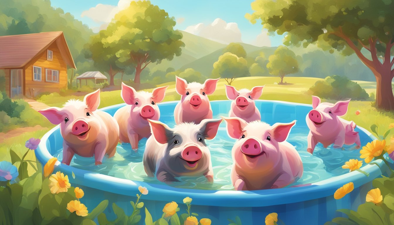 A group of playful pigs splash and frolic in a colorful kiddie pool, surrounded by sunny summer scenery