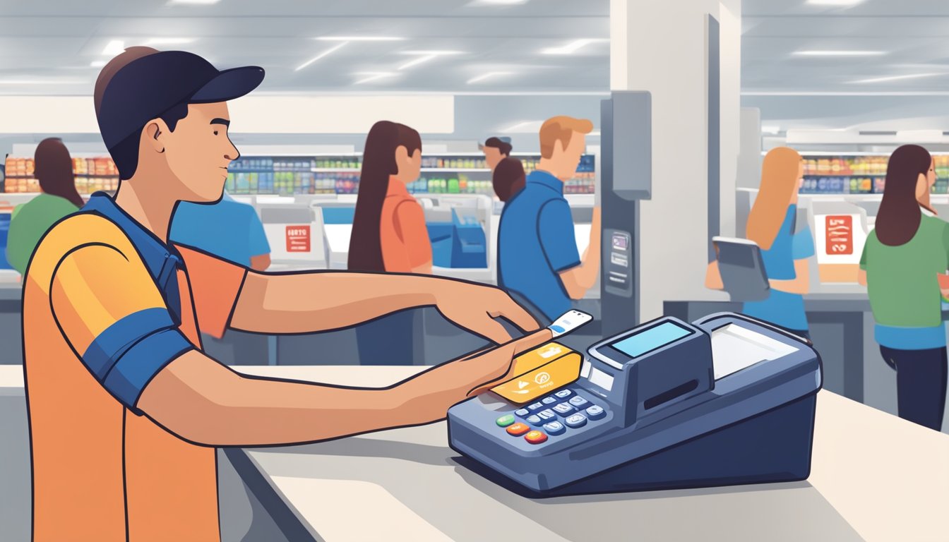 A customer holds an iPhone near the contactless payment terminal at a Meijer checkout counter