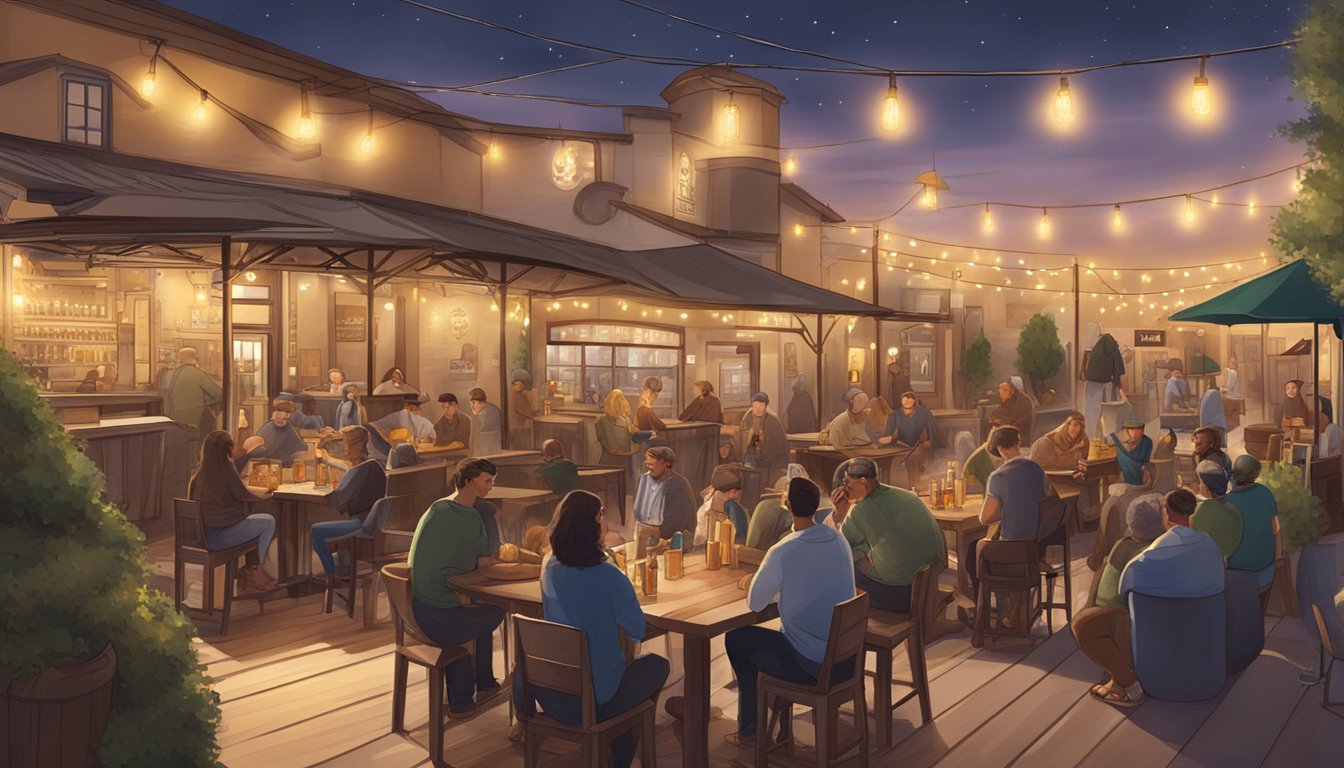 A bustling brewery scene with outdoor seating, string lights, and people enjoying craft beer in Clovis, CA