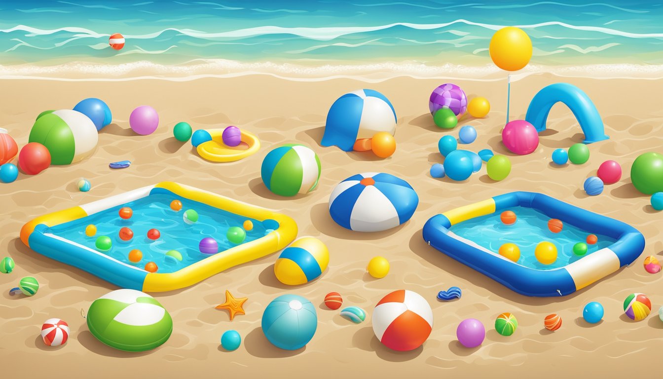 A colorful array of kiddie pools surrounded by inflatable toys and beach balls, with a cheerful summer backdrop