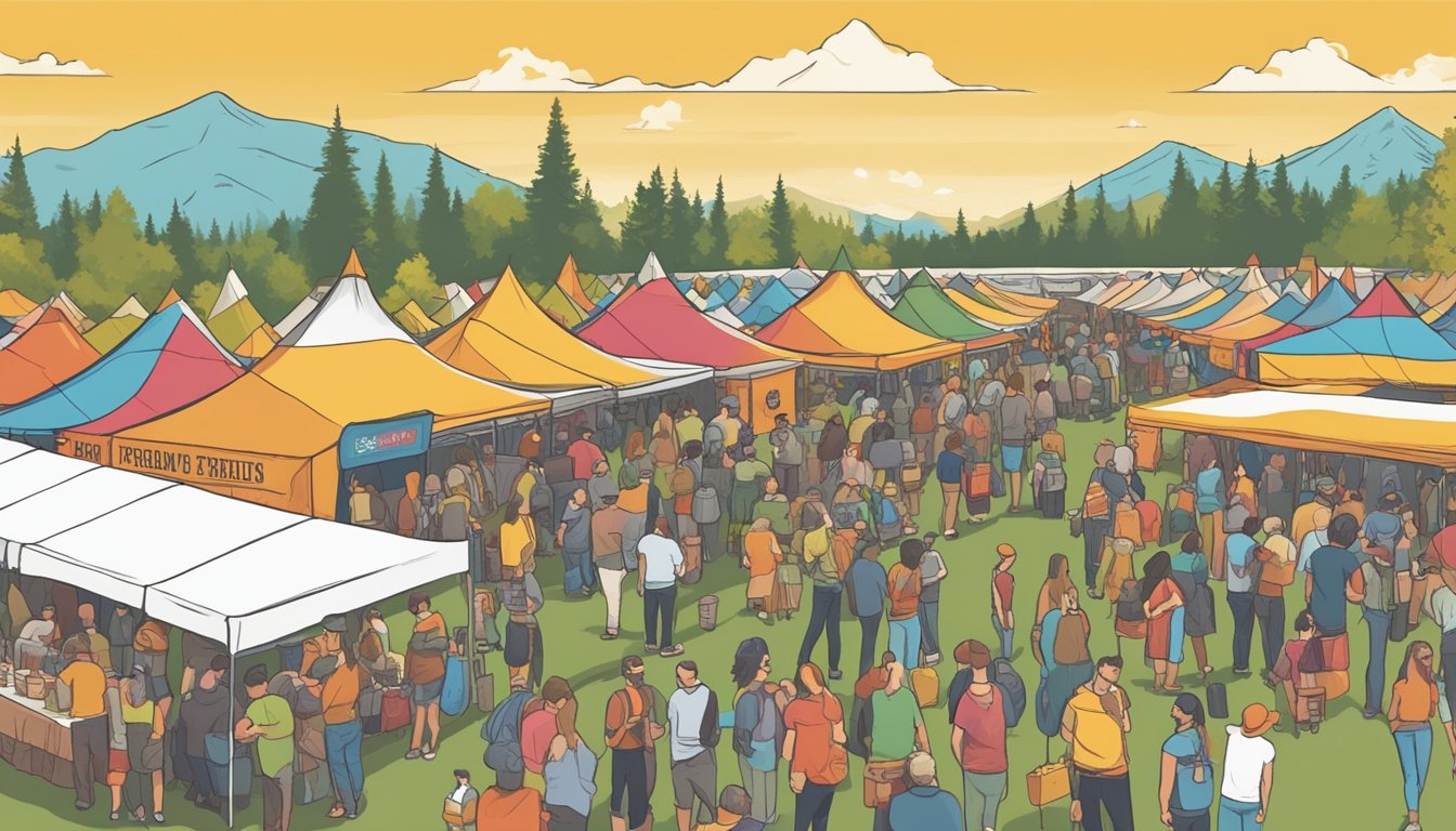 A bustling craft beer festival in Fremont, with rows of colorful tents, beer taps, and eager patrons sampling the latest local brews