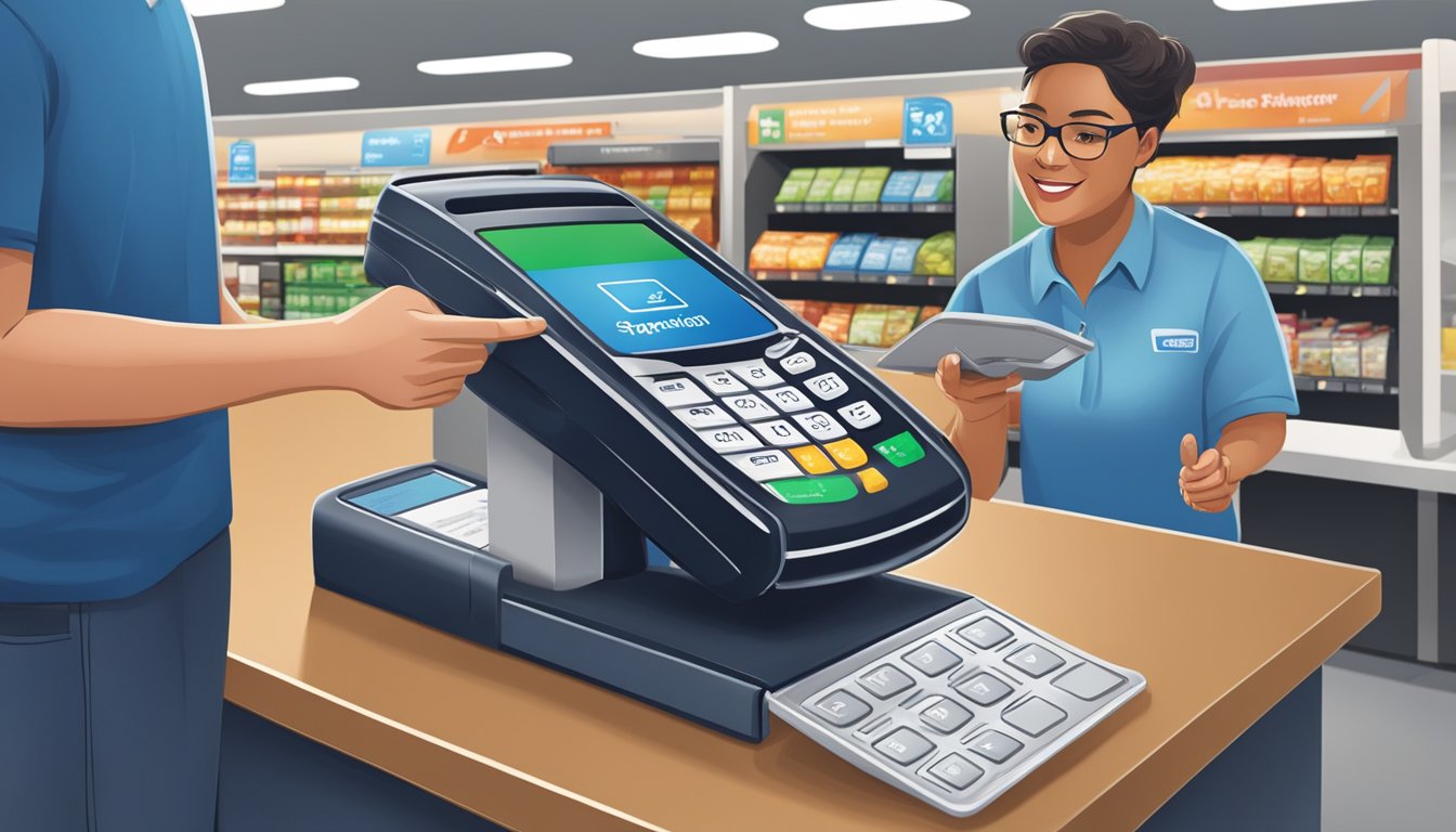 A customer tapping their phone on a payment terminal at a Sam's Club checkout counter