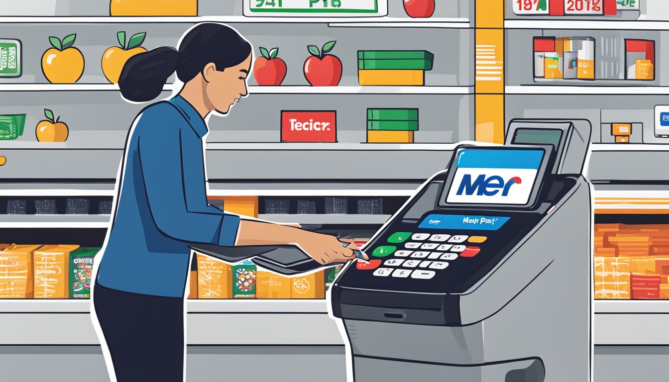 A customer tapping their phone on a payment terminal at a Meijer store, with the Apple Pay logo displayed on the screen