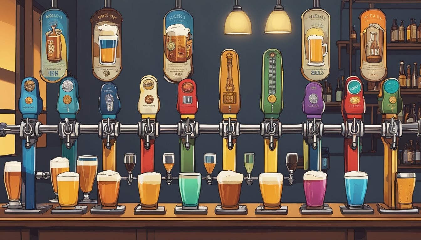 A row of colorful craft beer taps lining the bar, with patrons sampling and chatting in the background