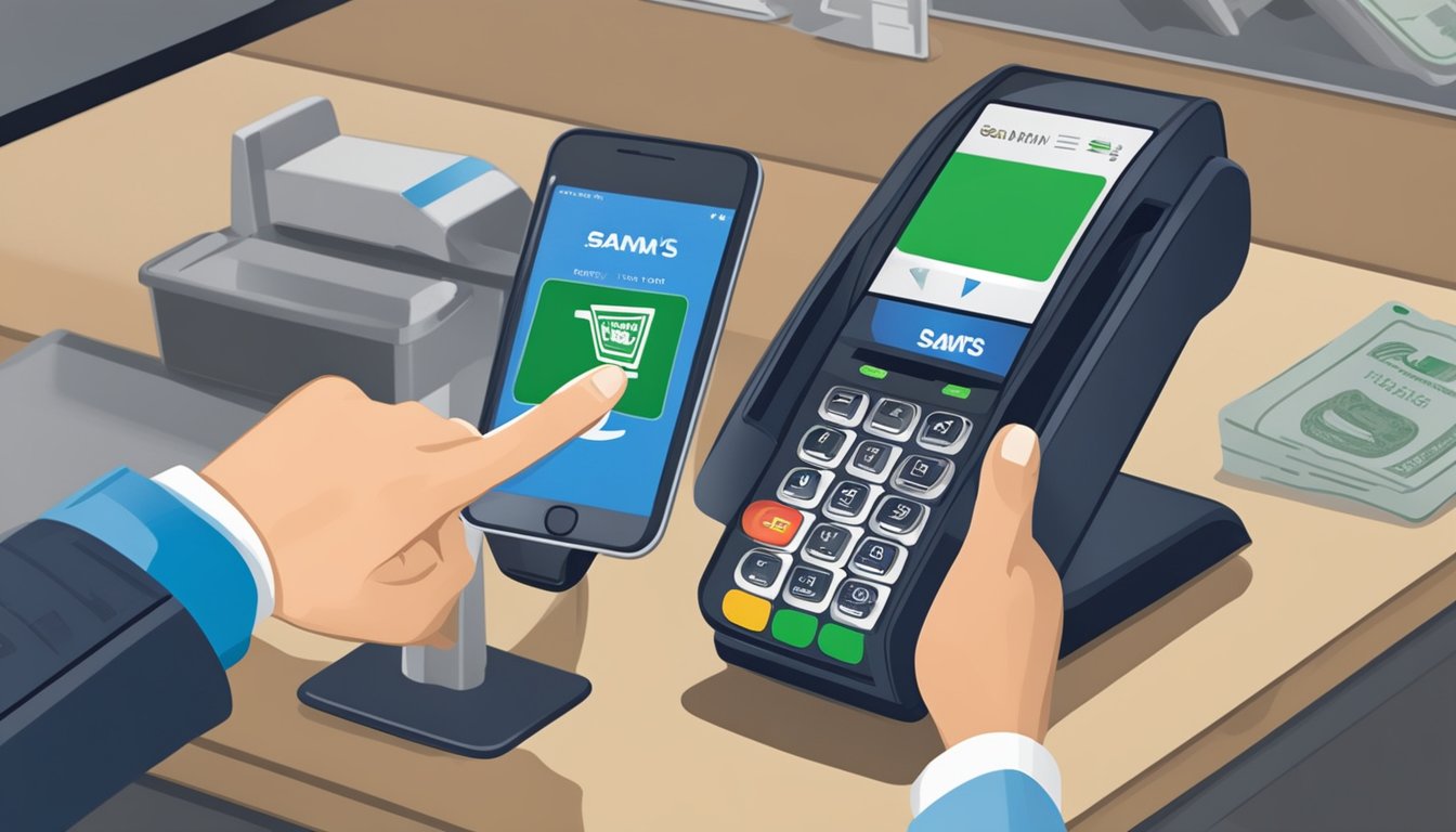 A customer tapping their phone on a payment terminal at a Sam's Club checkout, with the Apple Pay logo displayed on the screen