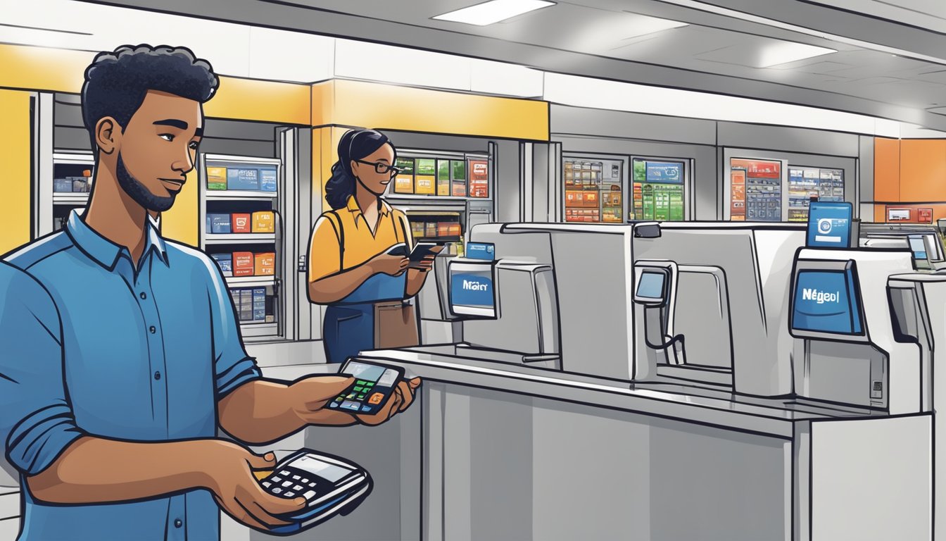 A customer holds a smartphone near a payment terminal at a Meijer store, while another customer swipes a credit card at a nearby terminal