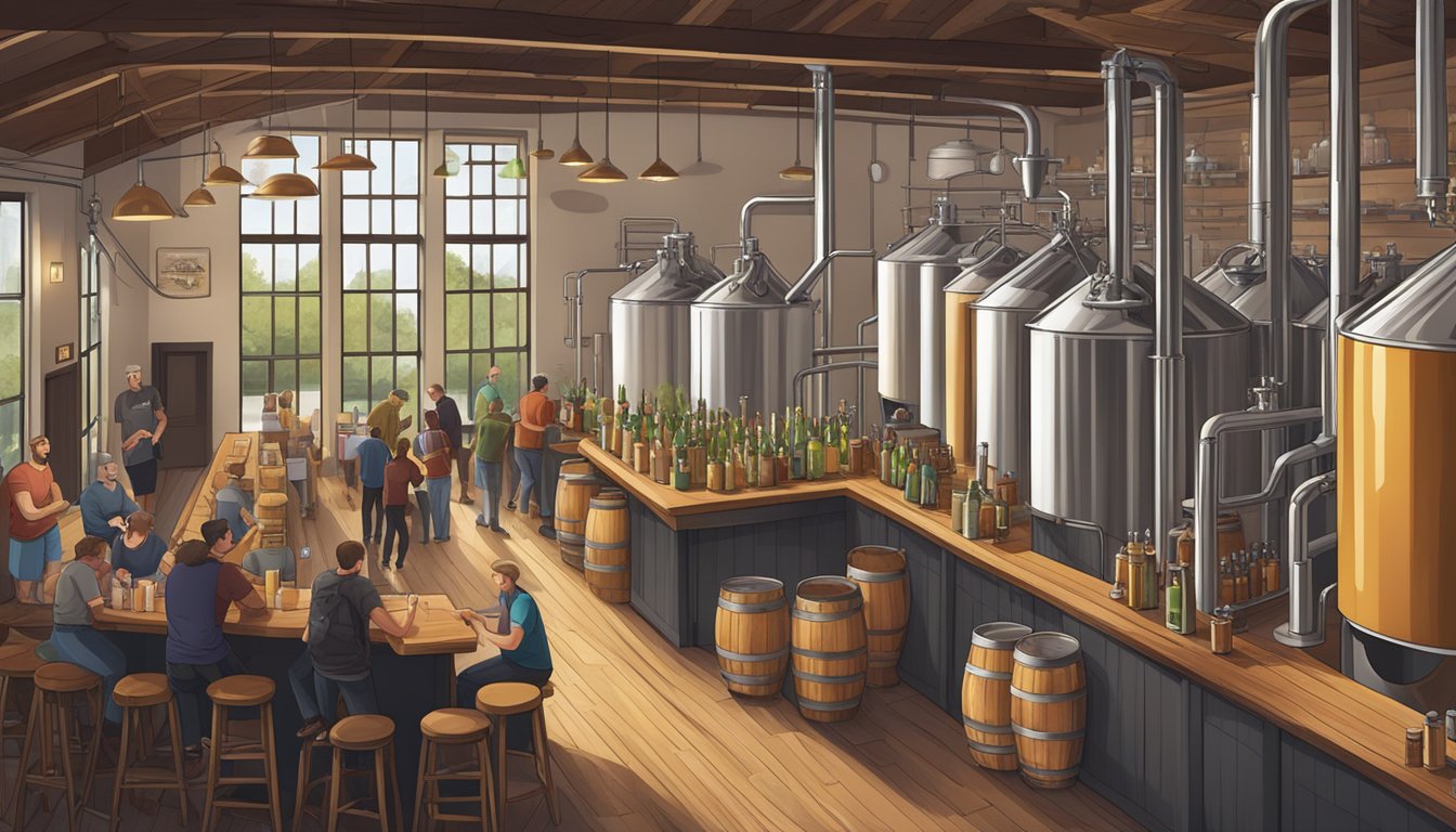 A bustling brewery with gleaming fermenters, wooden barrels, and a taproom filled with patrons enjoying pints of local craft beer