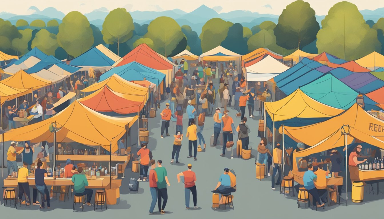 A bustling craft beer festival with colorful tents, live music, and people sampling various brews