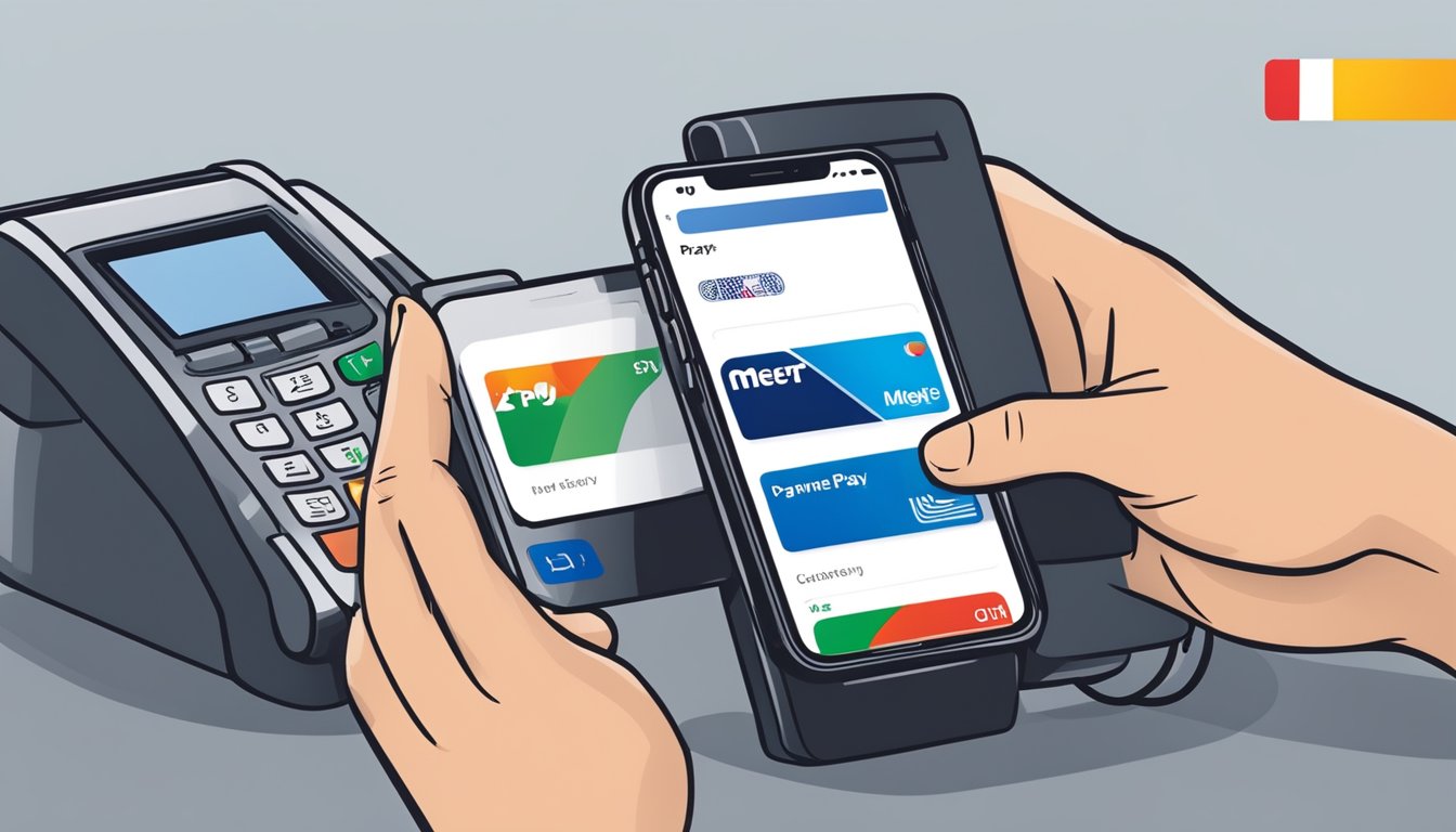 A customer holds an iPhone near the payment terminal at Meijer, with the Apple Pay logo displayed on the screen