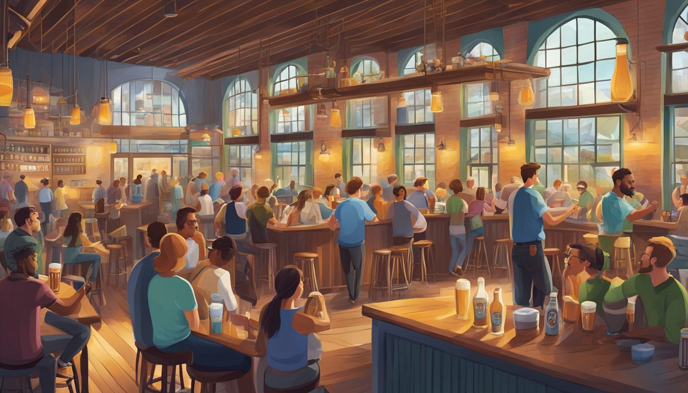 A bustling brewery scene with patrons enjoying craft beer, live music, and outdoor seating. Vibrant atmosphere with colorful decor and a variety of beer taps