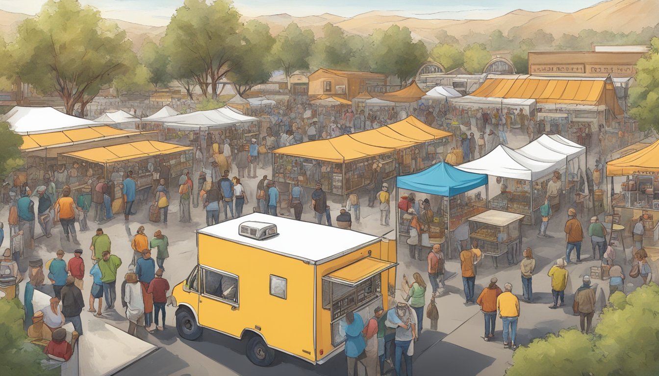 A bustling craft beer festival with local breweries, food trucks, and live music, surrounded by a close-knit community in Clovis, CA