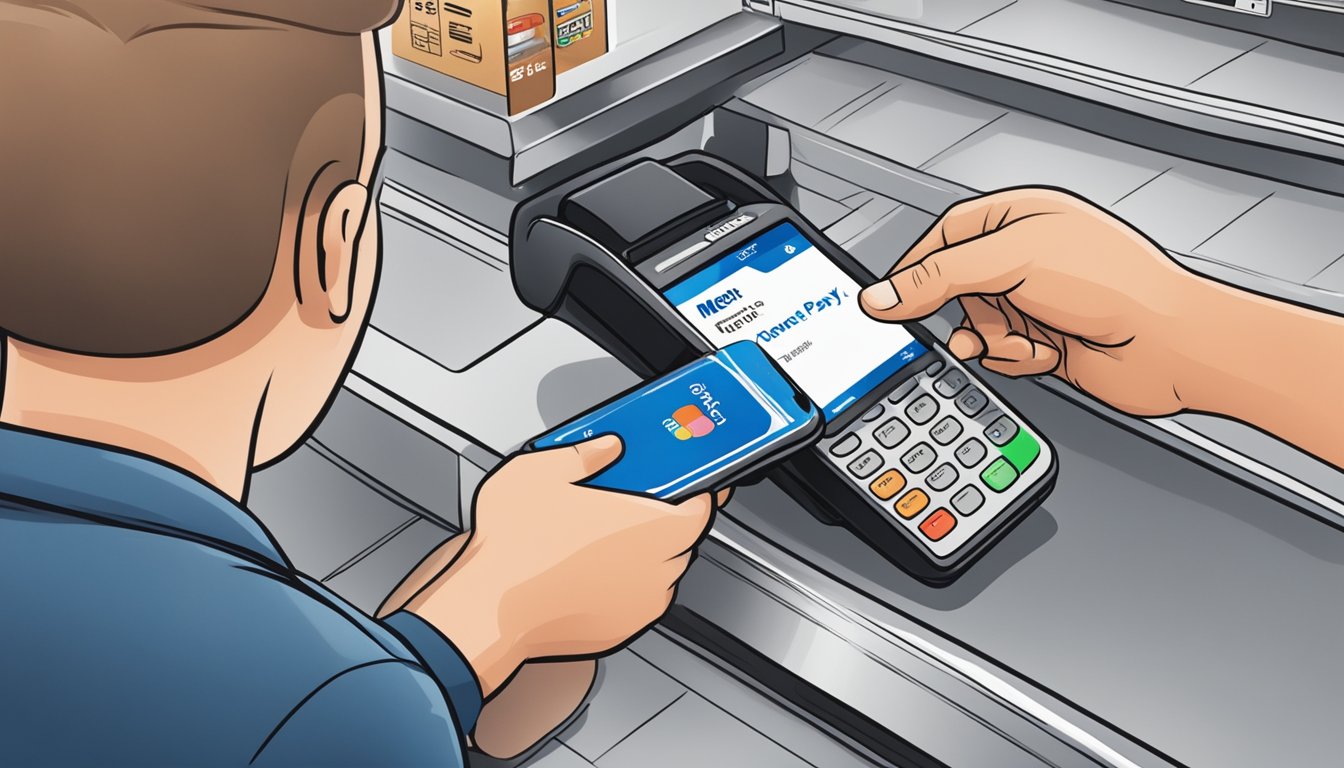 A customer holding an iPhone approaches a Meijer checkout counter, tapping their phone to the payment terminal to make a purchase using Apple Pay