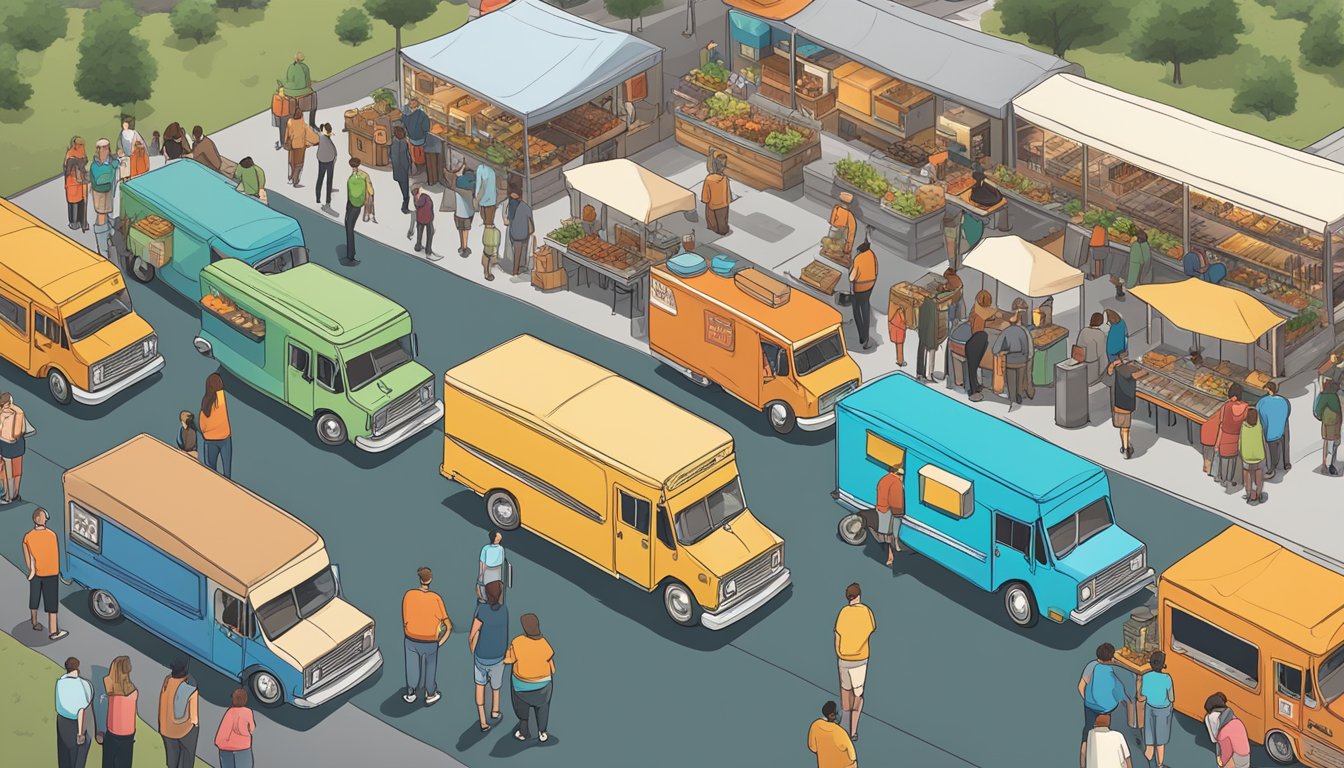 A colorful lineup of food trucks surrounded by eager customers, with local craft beer vendors nearby offering their unique brews