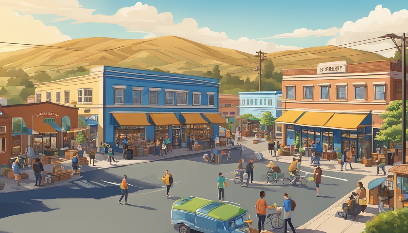 A bustling brewery district in Fremont, CA, with colorful storefronts and outdoor seating, surrounded by rolling hills and a clear blue sky