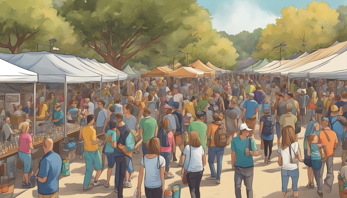 A bustling local craft beer festival in Chico, CA, with rows of colorful vendor booths and enthusiastic patrons sampling a variety of brews