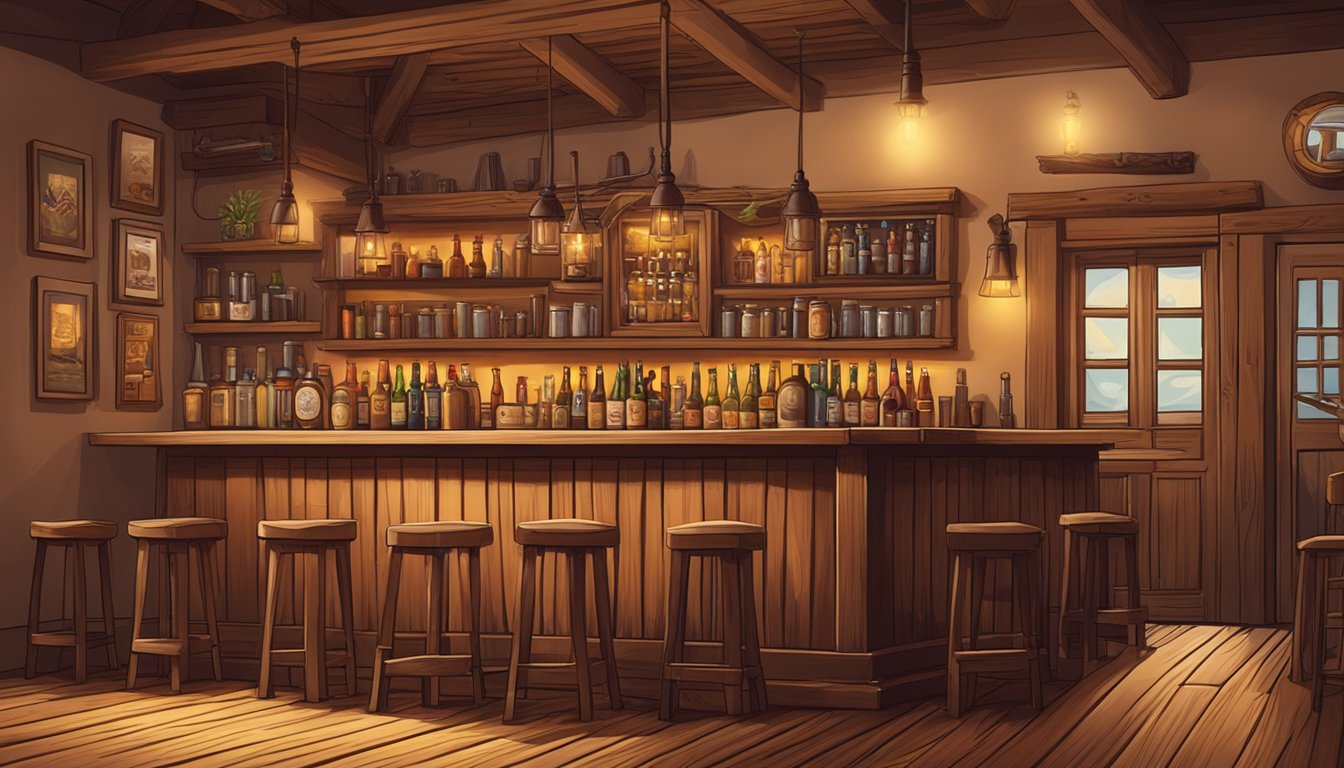 A cozy pub scene with a pint of craft beer on a wooden table, surrounded by warm lighting and rustic decor