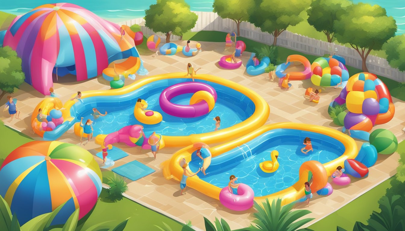 Colorful inflatable toys and accessories surround a sparkling kiddie pool, creating a vibrant and inviting scene for summer fun