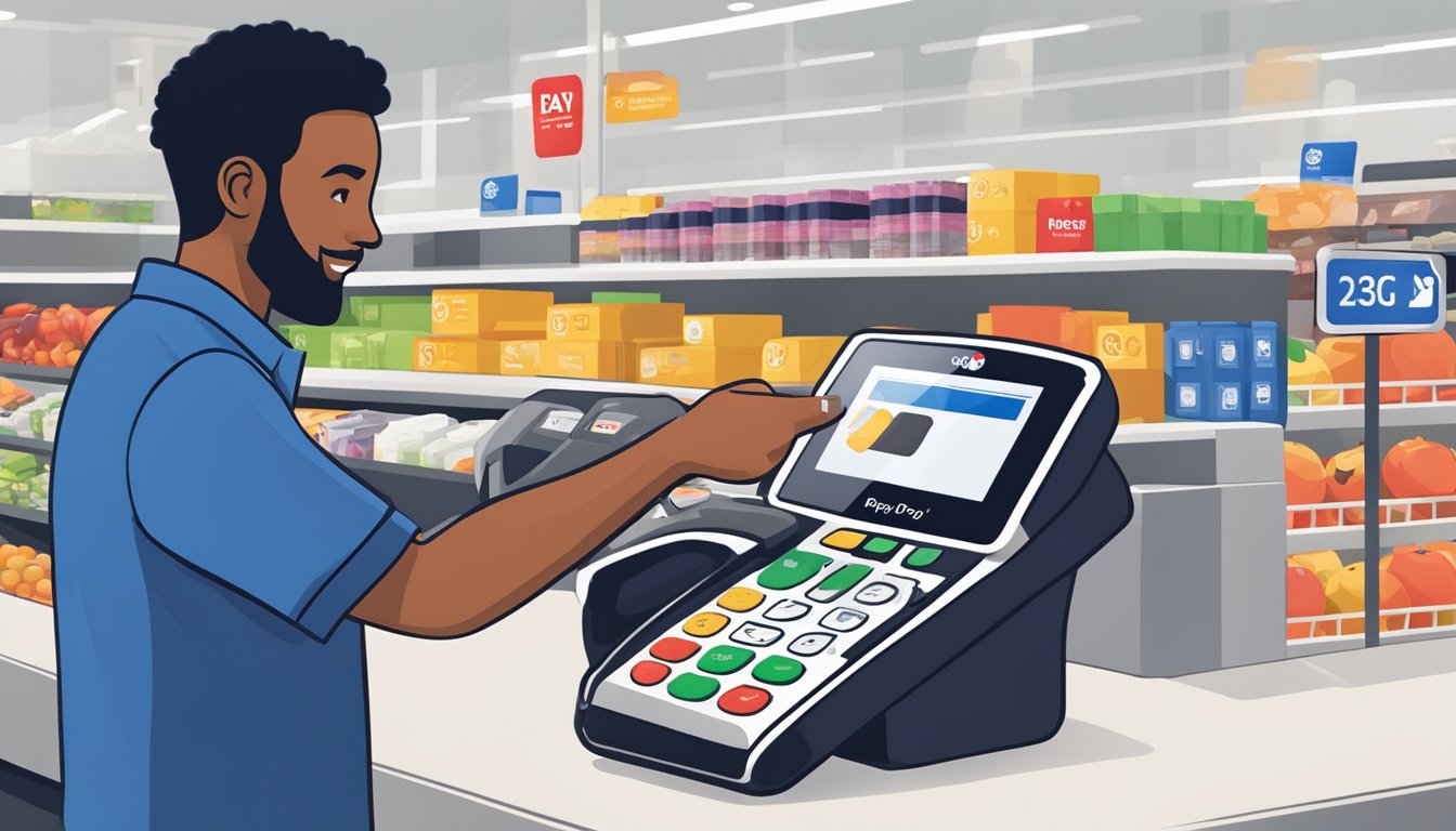 A customer holding a smartphone with the Apple Pay logo is making a purchase at a Meijer checkout counter. The cashier is scanning the items while the customer taps their phone to complete the transaction