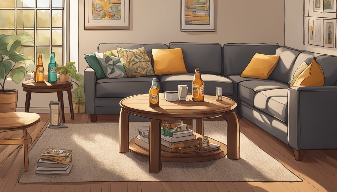 A cozy living room with a coffee table holding a variety of Chico's craft beer bottles, surrounded by comfortable seating and soft lighting