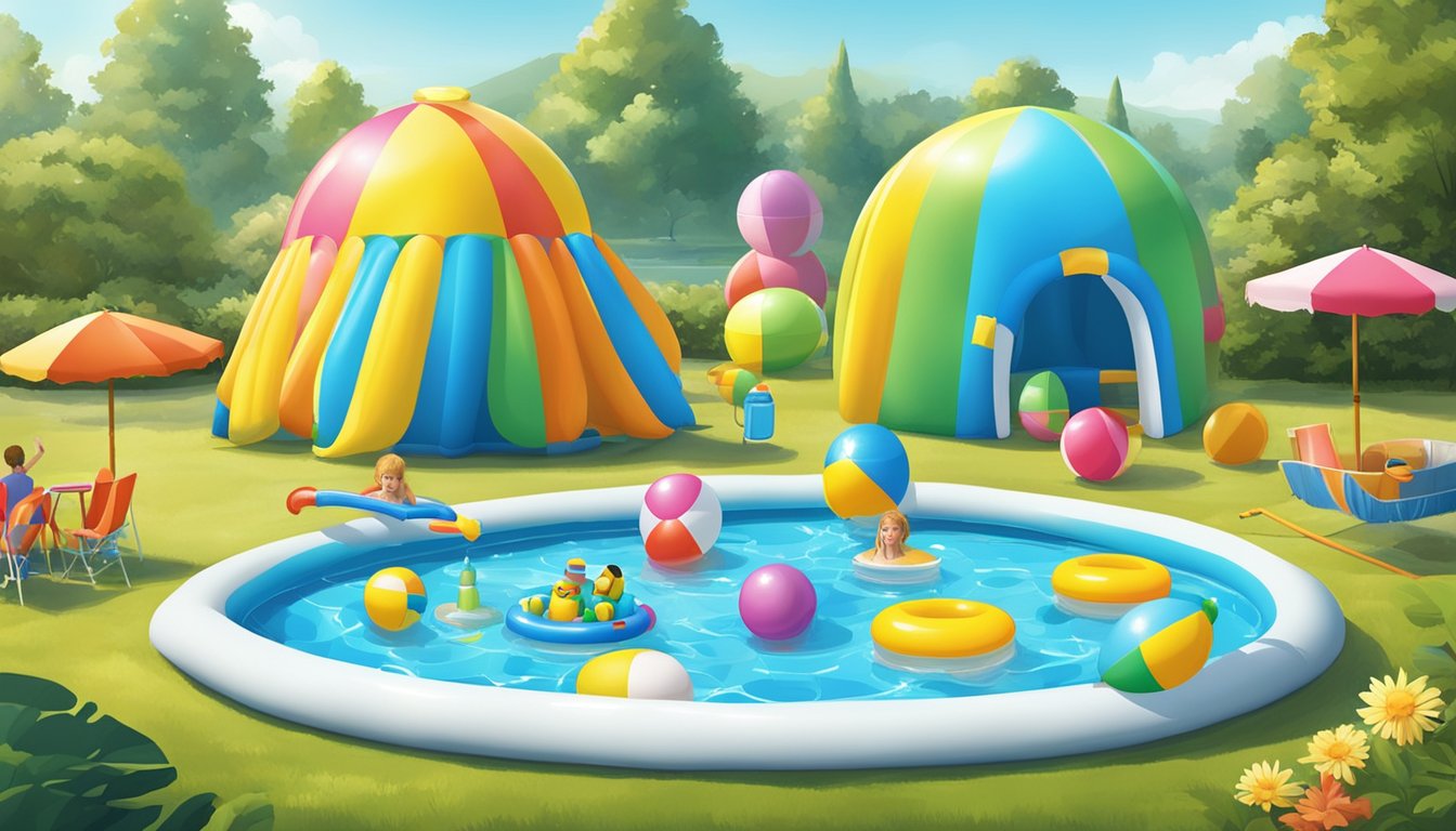 A colorful kiddie pool surrounded by inflatable toys and safety equipment, set against a backdrop of a sunny, summer day