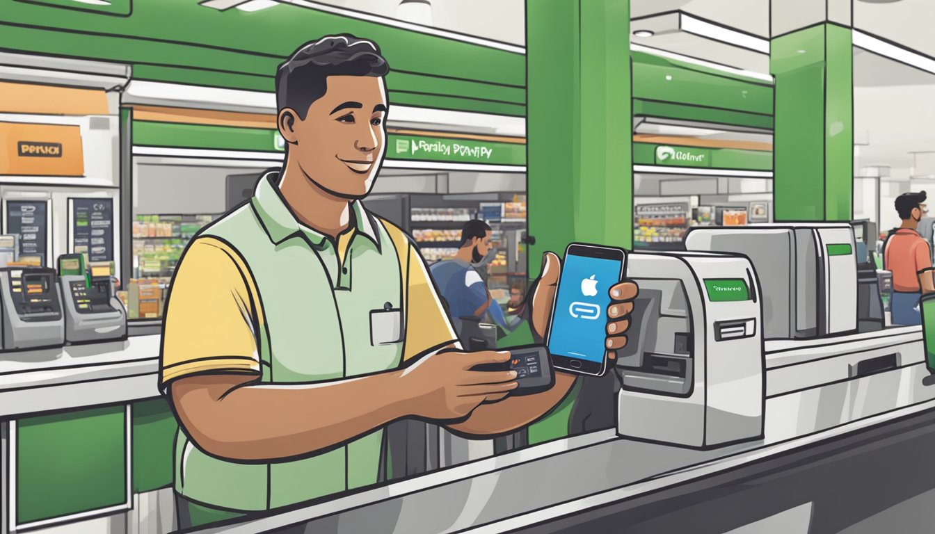 A customer holds their phone near the payment terminal at a Publix checkout counter, ready to use Apple Pay for their purchase