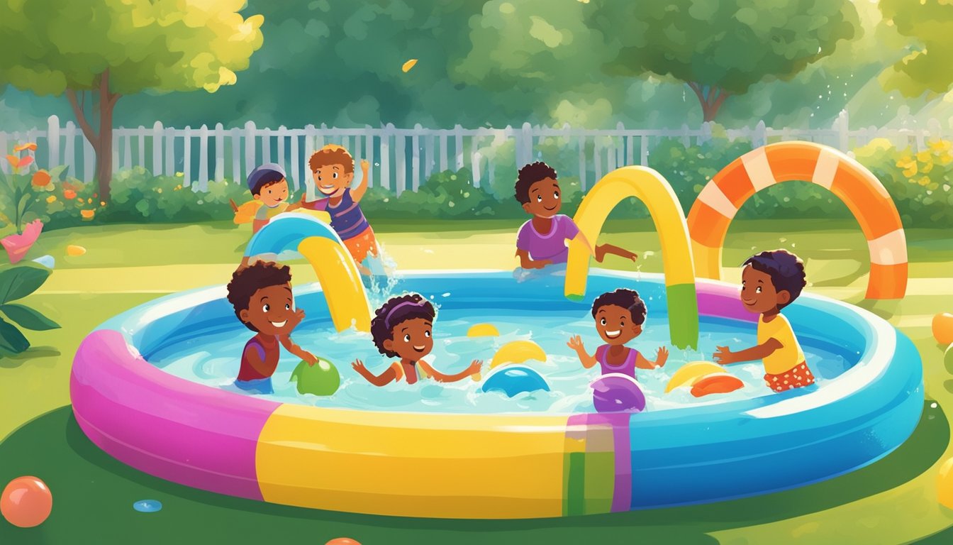 Children playing in colorful kiddie pools surrounded by inflatable toys and water splashes, with a sunny outdoor setting and lush greenery