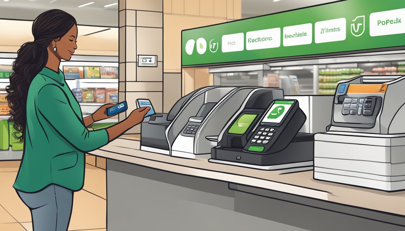 A customer holds their phone near the contactless payment terminal at a Publix checkout counter