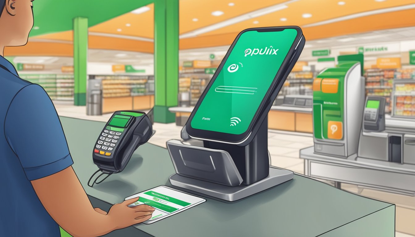 A customer holds a smartphone near a contactless payment terminal at a Publix checkout counter