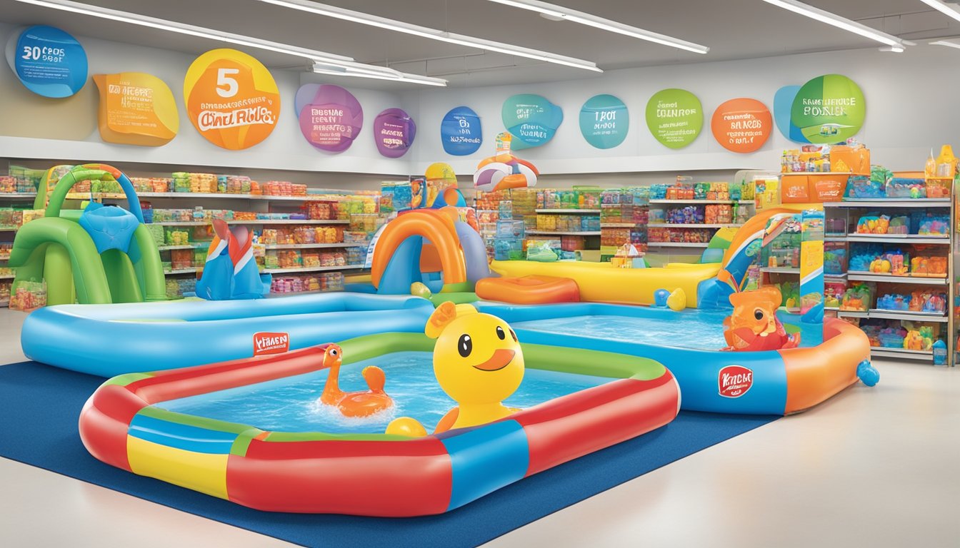 A colorful display of inflatable kiddie pools, water toys, and sunscreen at Meijer's store. Bright summer graphics and playful designs