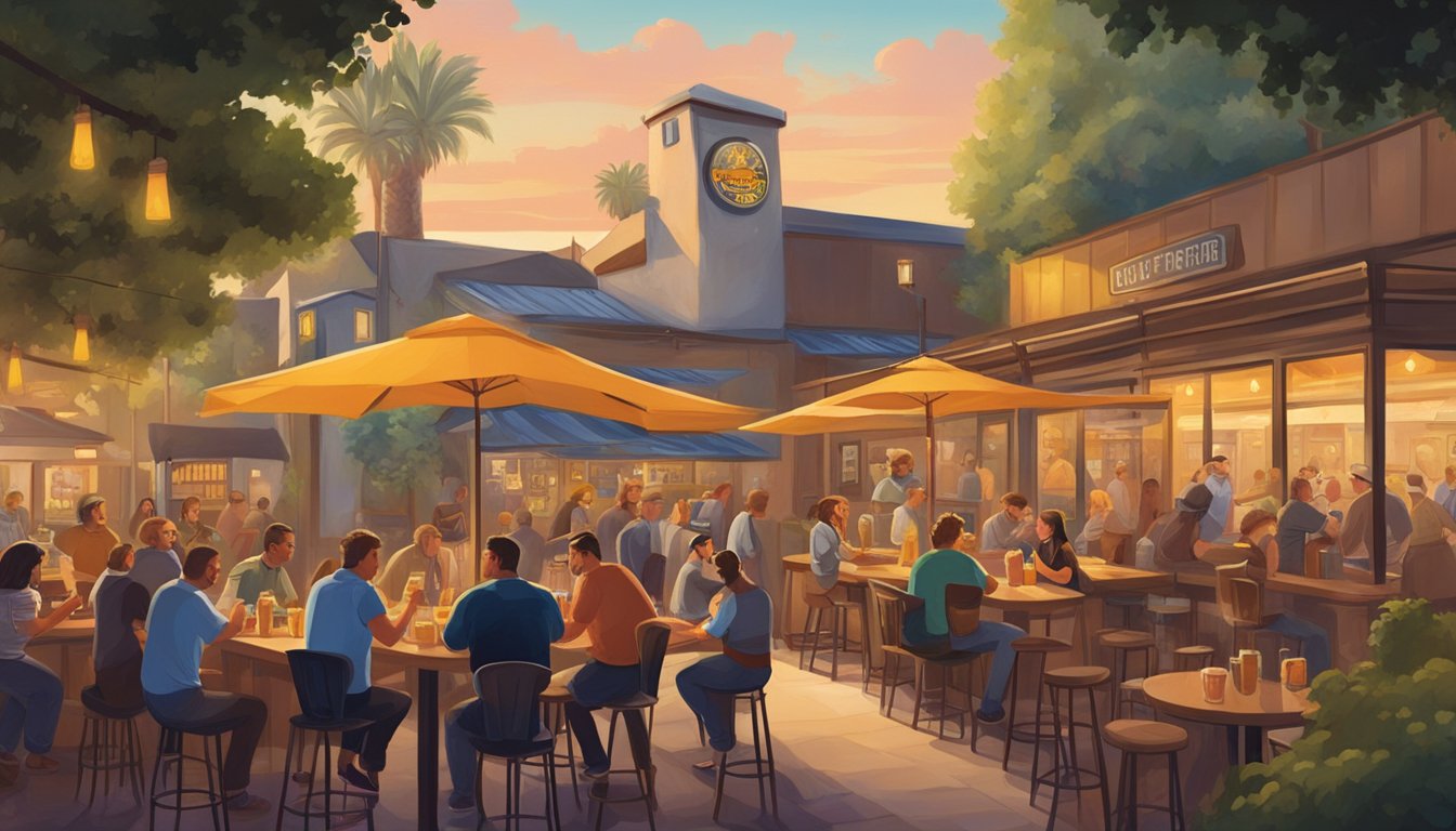 A bustling brewery scene with diverse patrons enjoying local craft beers in Garden Grove, CA. Vibrant decor and lively atmosphere