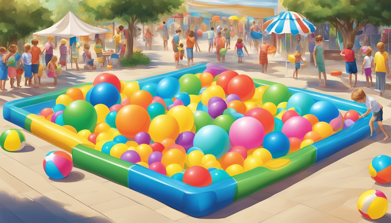 A colorful array of kiddie pools surrounded by beach balls, water guns, and sunscreen at a sunny outdoor display