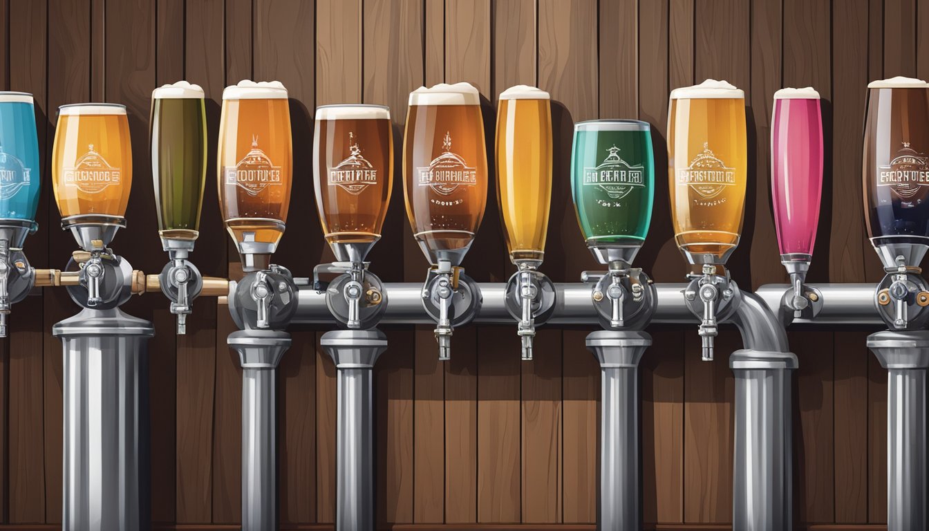 A row of colorful craft beer taps lined up at a local brewery, with a backdrop of stainless steel brewing equipment and wooden barrels