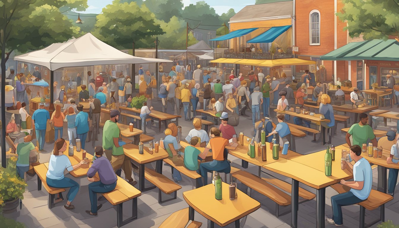 A bustling craft beer garden with colorful taps and a variety of beer styles on display. Patrons gather around picnic tables enjoying the local brews