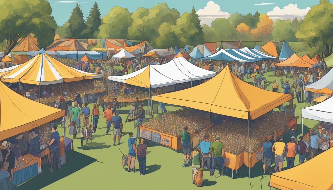 A bustling craft beer festival with colorful tents, live music, and people sampling various seasonal brews in Concord, CA