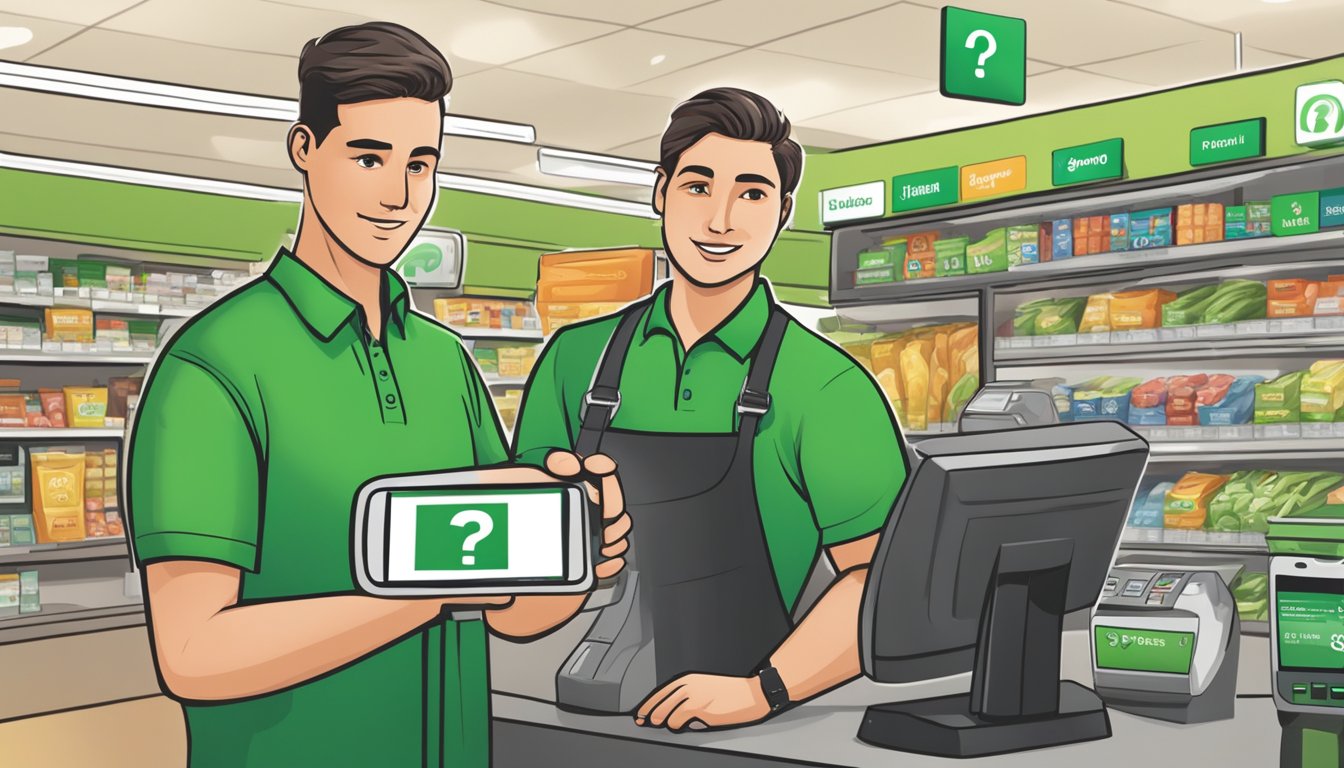 A cashier at a Publix store holds a smartphone near the payment terminal, while a customer looks on with a question mark above their head