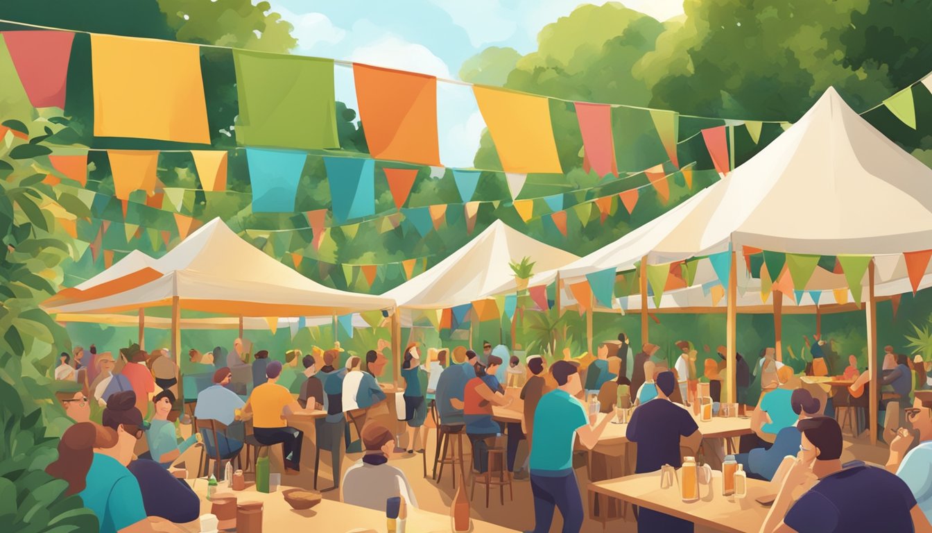 A bustling outdoor craft beer tasting event with colorful banners and tents, surrounded by lush greenery and filled with the sound of clinking glasses and lively conversation