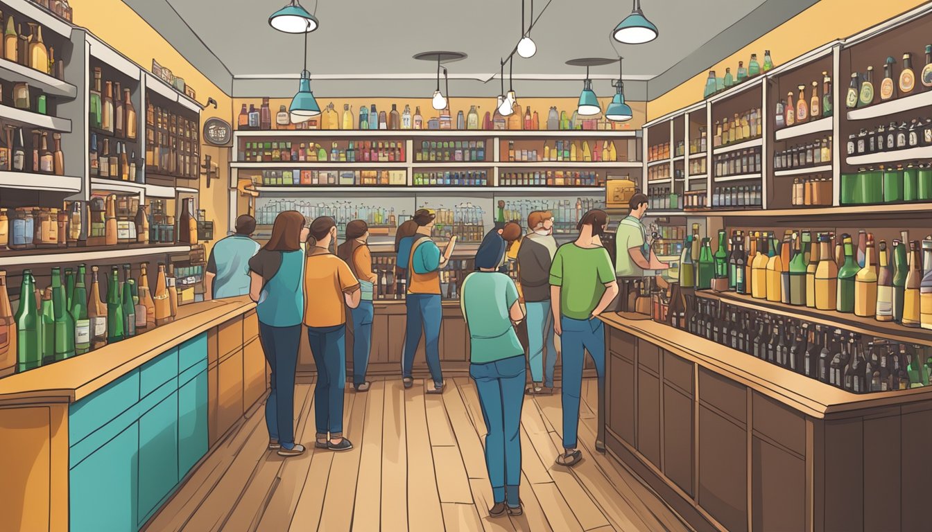 A bustling craft beer store with shelves lined with colorful bottles and taps pouring frothy brews, while customers browse and chat with the knowledgeable staff