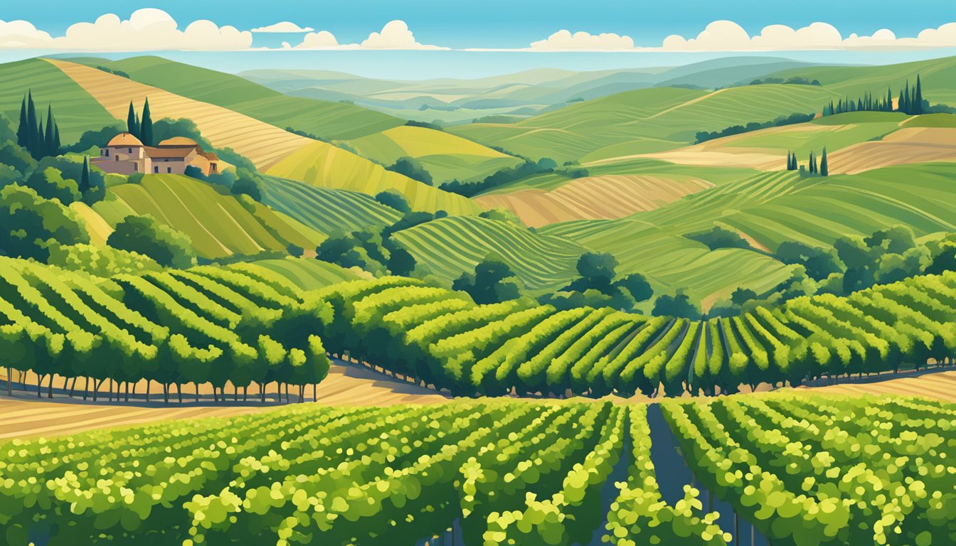 A vineyard nestled among rolling hills, with rows of grapevines stretching into the distance, under a clear blue sky