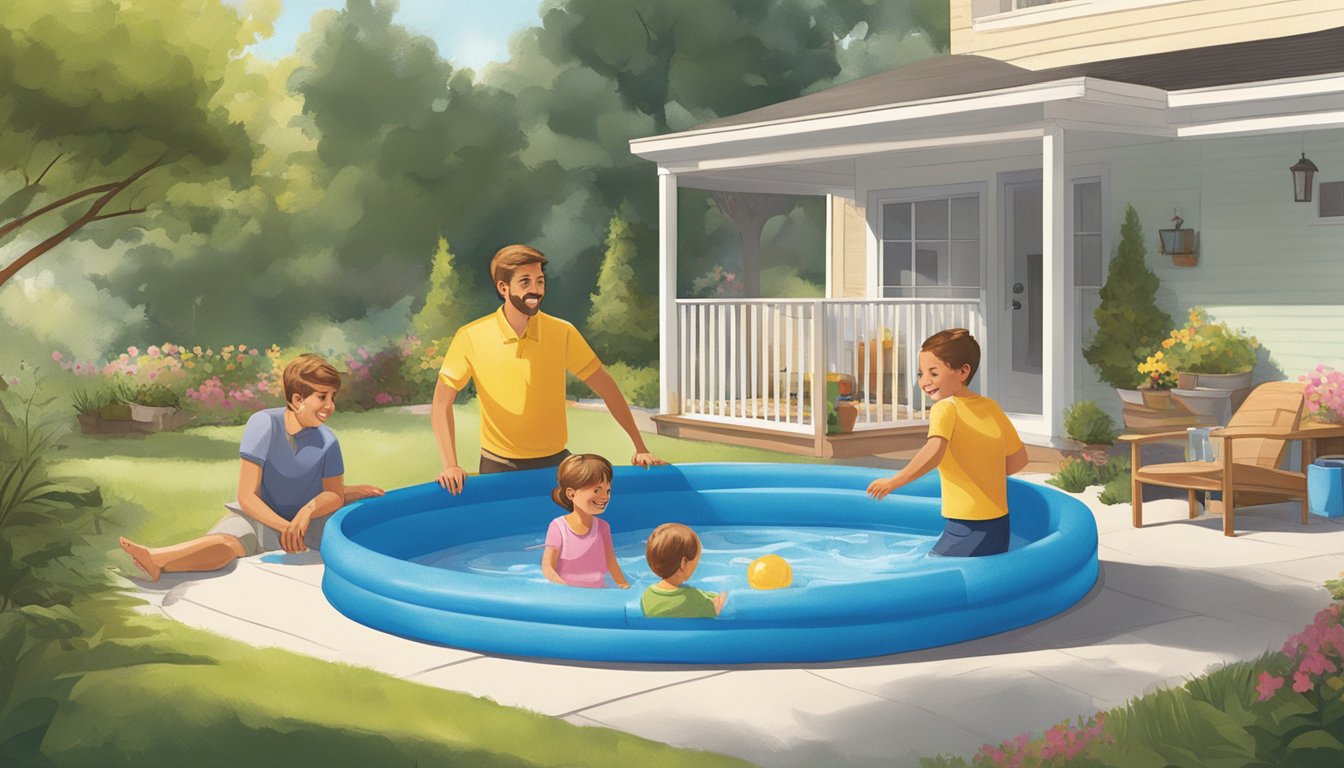 A family of three enjoys a sunny day in their backyard, with a small, affordable kiddie pool from Winco Foods providing a refreshing escape from the heat