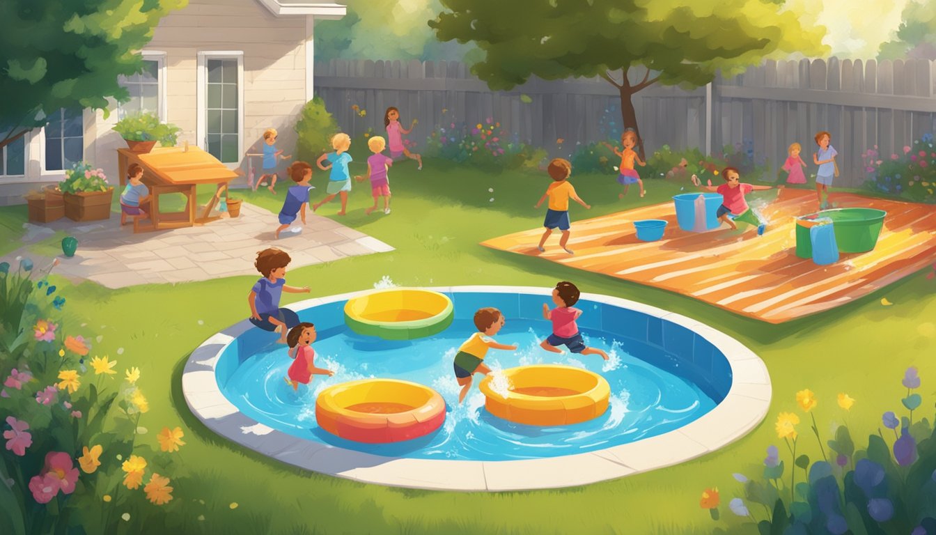 A sunny backyard with a colorful kiddie pool filled with water, surrounded by happy children playing and splashing to beat the heat