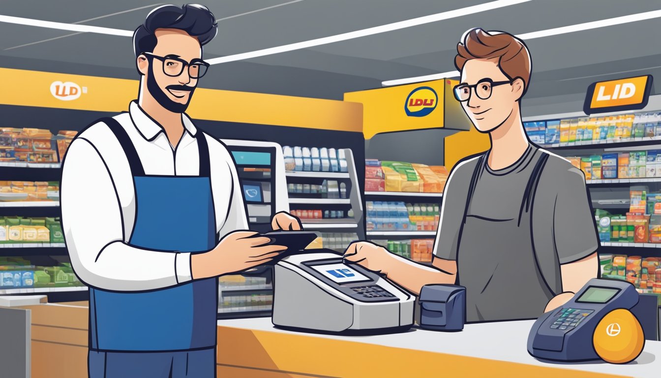 A customer holds a smartphone near a contactless payment terminal at a Lidl store. The cashier looks on as the transaction is completed