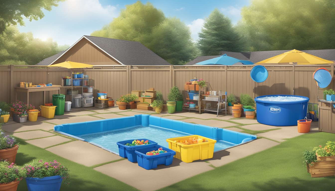 A sunny backyard with colorful kiddie pools surrounded by Repair and Storage Solutions and WinCo Foods logos