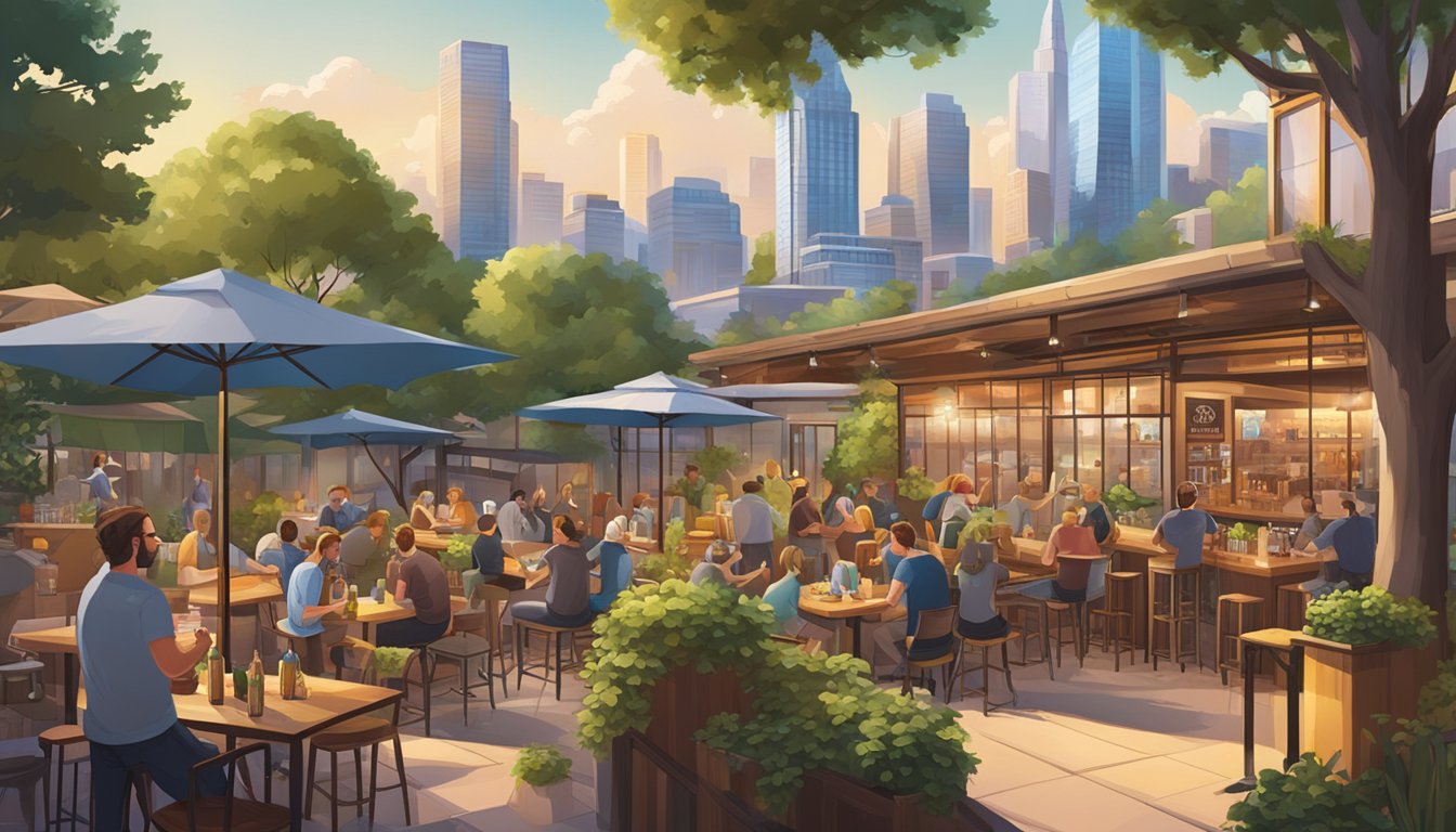 A bustling brewery with outdoor seating, surrounded by lush greenery and a view of the city skyline. Customers enjoy a variety of craft beers while socializing in the vibrant atmosphere