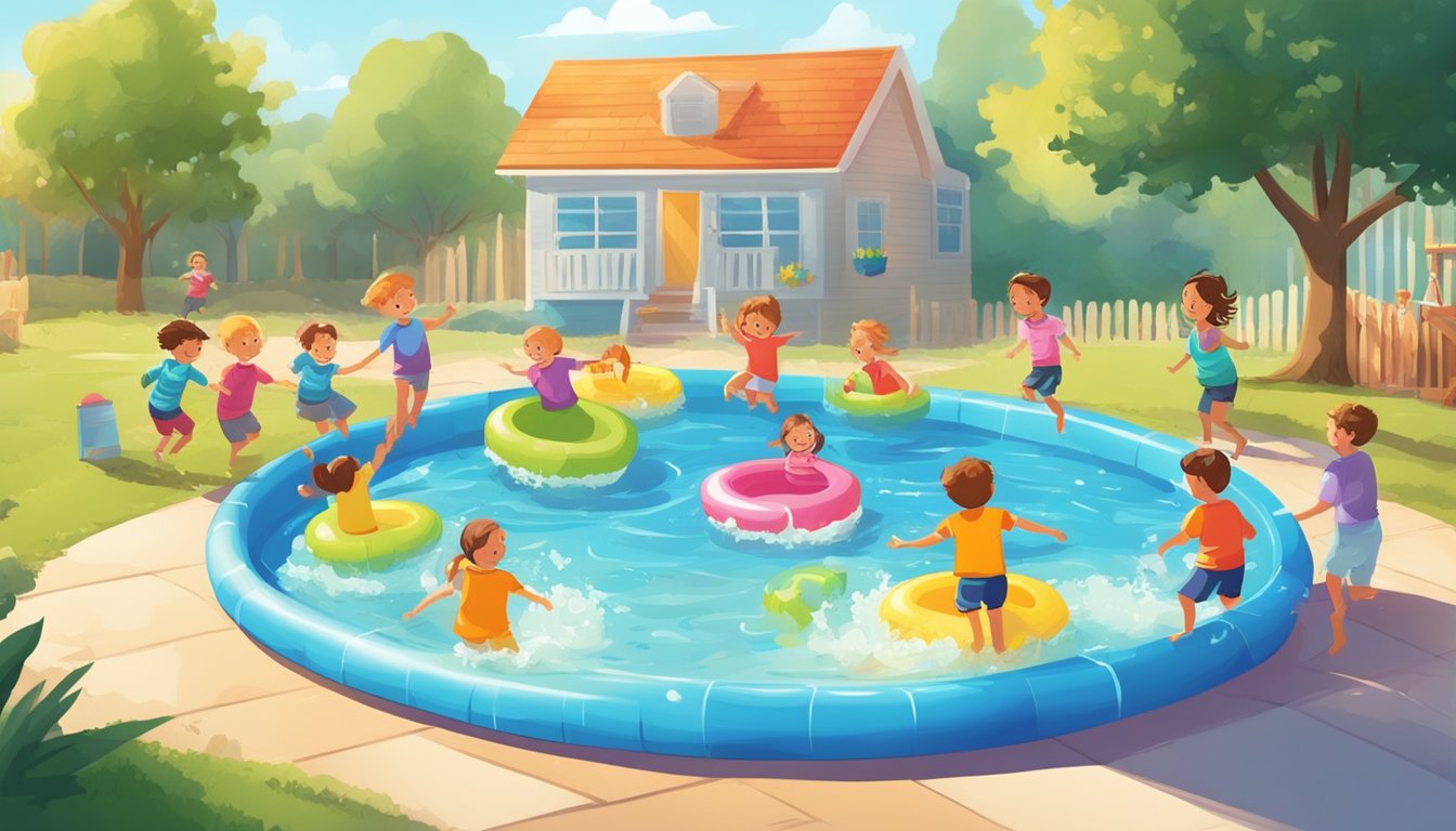 A colorful kiddie pool surrounded by happy children playing and splashing in the water on a sunny day