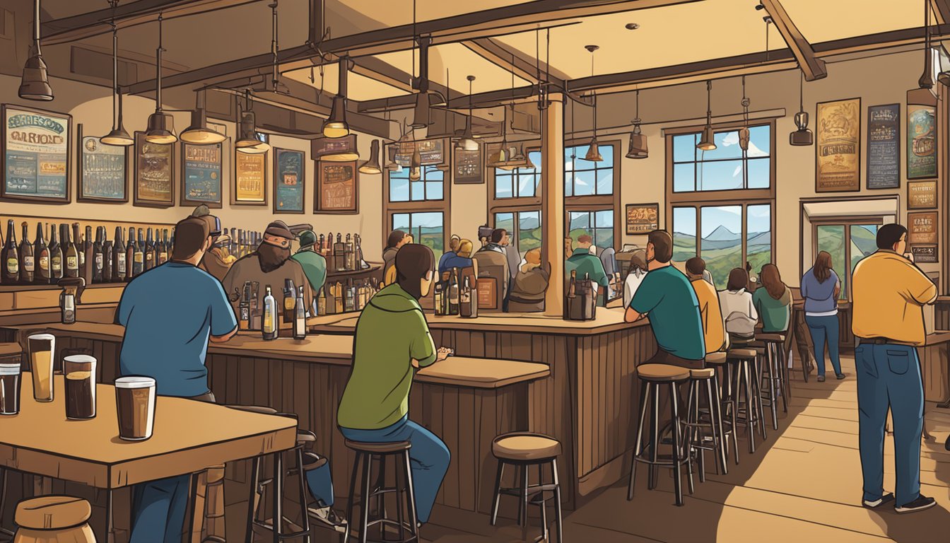 A bustling taproom with a variety of craft beer styles on display, including IPAs, stouts, and lagers. Customers chat and enjoy their drinks